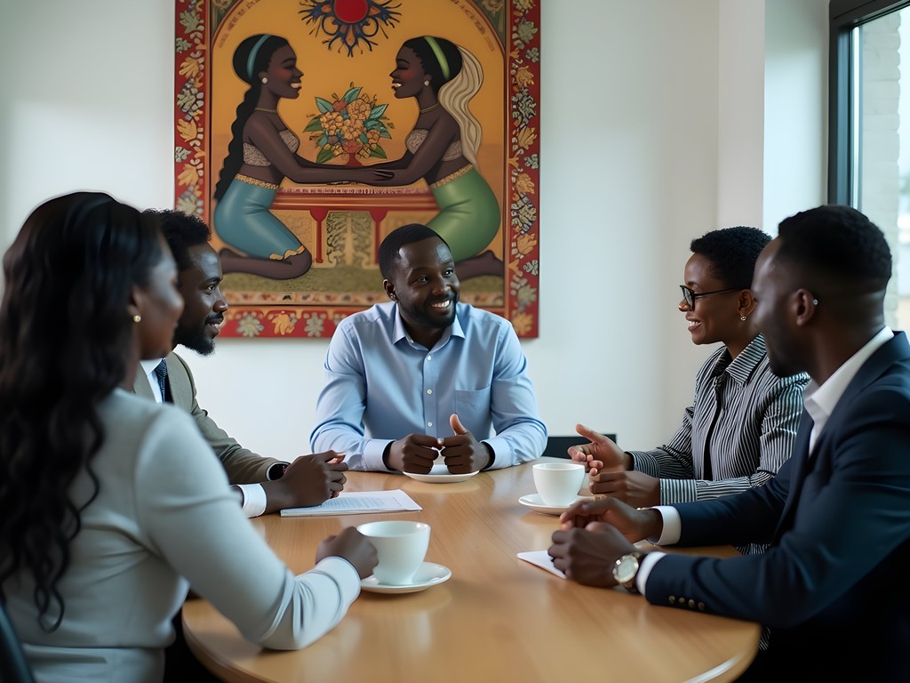 Professional business meeting in Lagos office showing cultural exchange