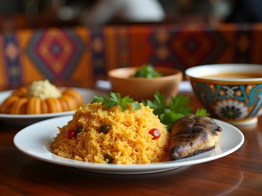 Traditional Nigerian cuisine including jollof rice and egusi soup in Lagos restaurant