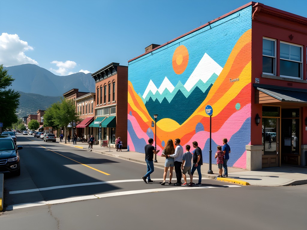 Colorful street mural in 40 West Arts District with local families viewing the artwork