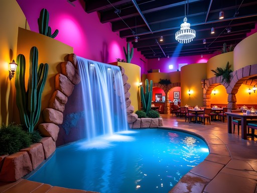 Cliff divers performing at Casa Bonita's indoor waterfall in Lakewood