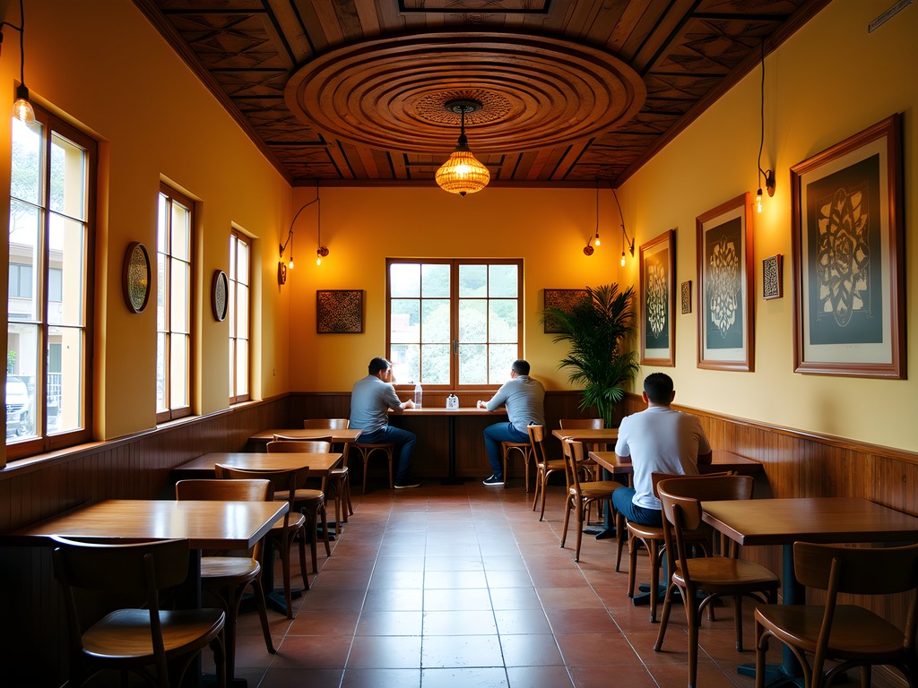 Interior of Café Geométrico showing tables arranged in Flower of Life pattern and wooden Fibonacci spiral ceiling
