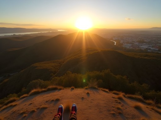 Sunrise view from Cerro Lambaré showing geometric patterns in landscape and city layout below