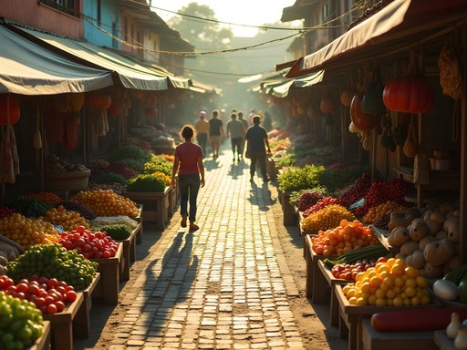 Early morning scene at Mercado Municipal de Lambaré with local vendors arranging produce