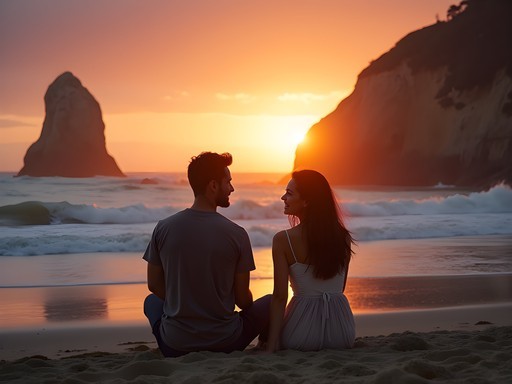Couple watching sunset at El Matador State Beach with dramatic rock formations