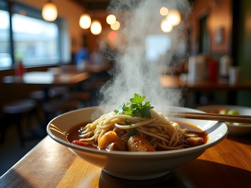 Authentic boat noodles being served in a simple Thai Town restaurant