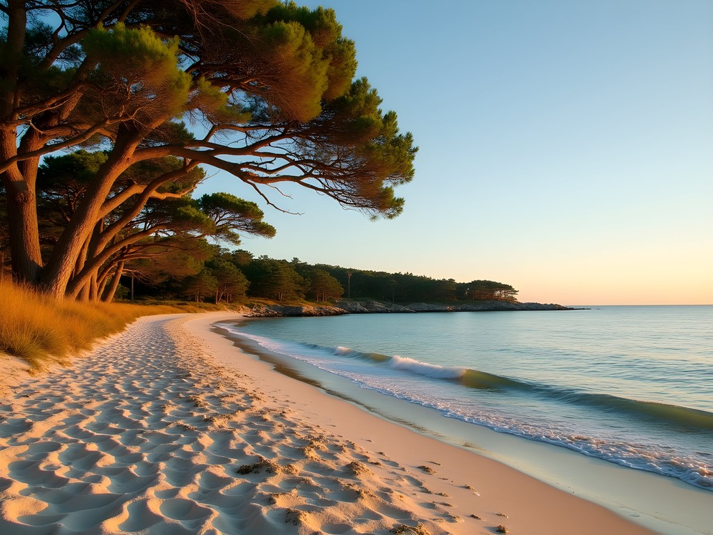 Sunset at Lambert's Cove Beach in fall with golden light and few visitors
