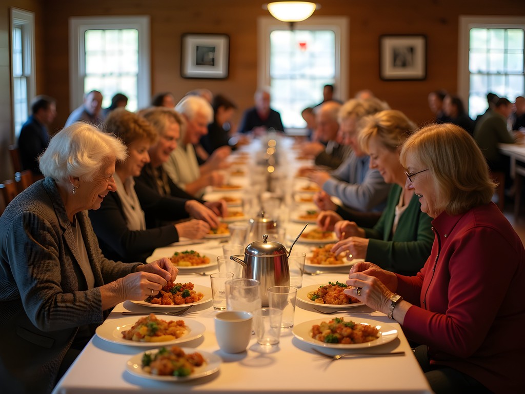 Community supper at West Tisbury Congregational Church with locals sharing meals at long tables