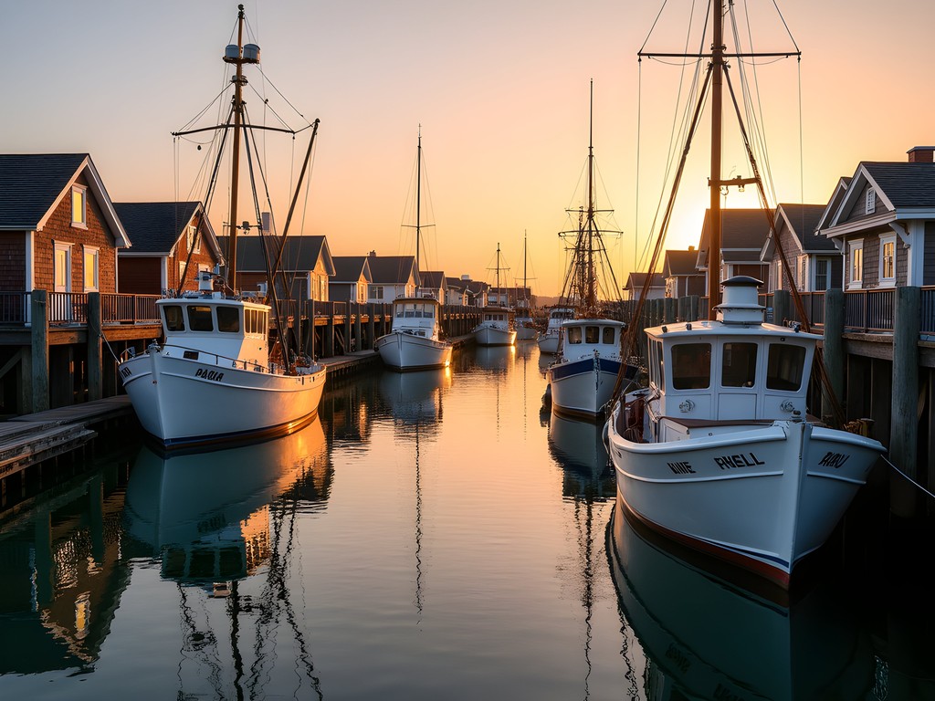 Sunset at Menemsha fishing village with colorful boats and weathered docks