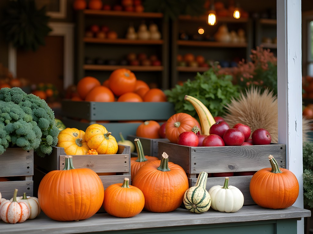 Fall harvest display at Morning Glory Farm with pumpkins, gourds, and fresh produce