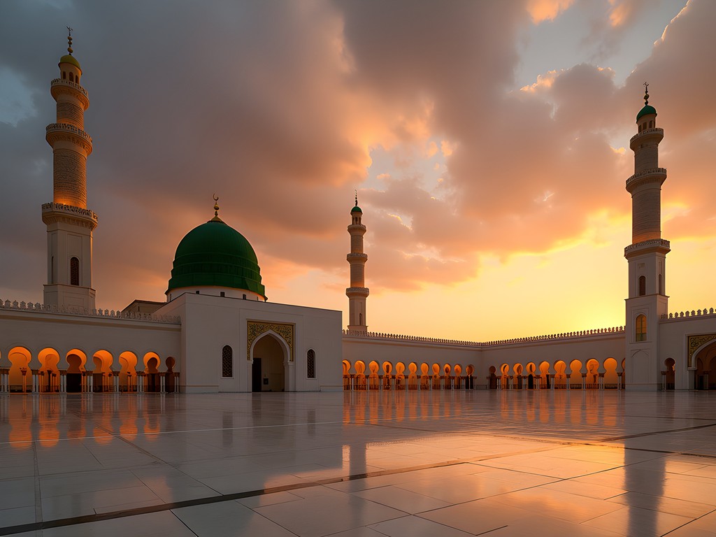 Distant view of Prophet's Mosque at sunset in Medina
