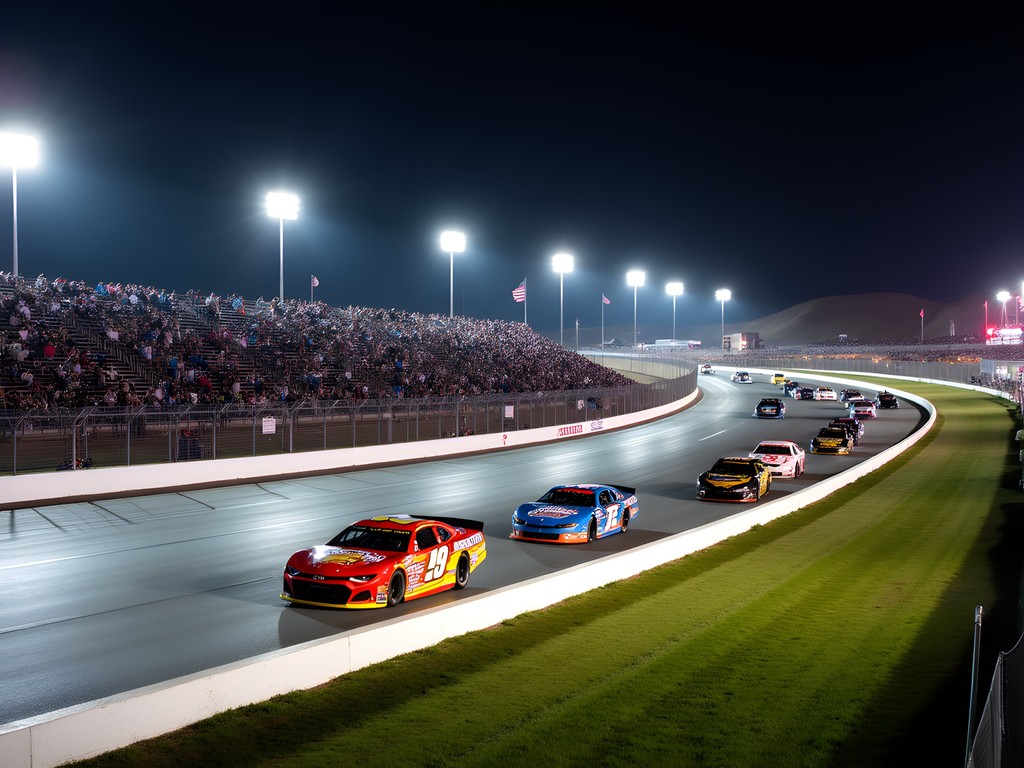 Nighttime stock car racing at Meridian Speedway with colorful race cars and enthusiastic local crowd