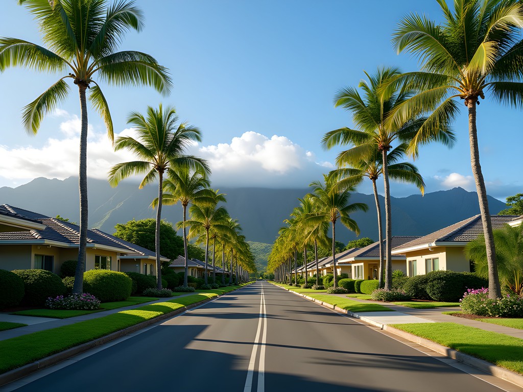 Tree-lined residential street in Mililani Mauka with misty Ko'olau mountains in background