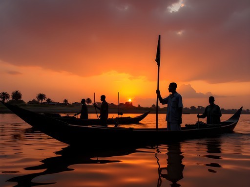 Traditional pinasse boats silhouetted against a dramatic orange sunset over the Niger River in Mopti