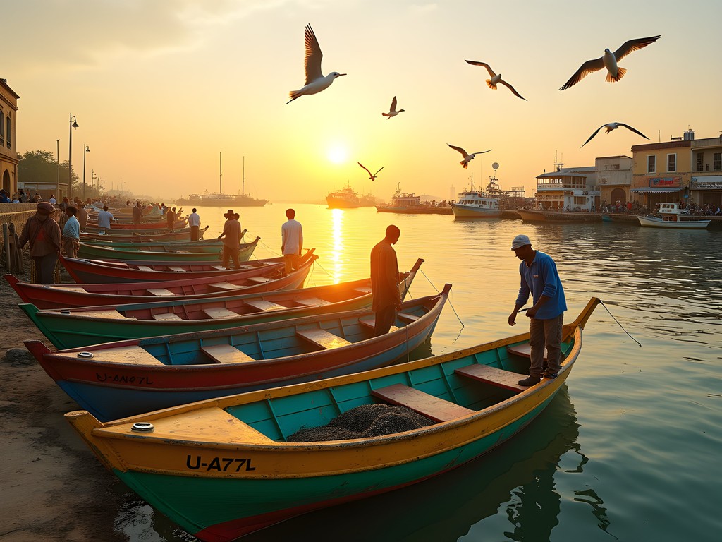 Colorful fishing boats at Nouadhibou harbor at sunrise with fishermen preparing for the day