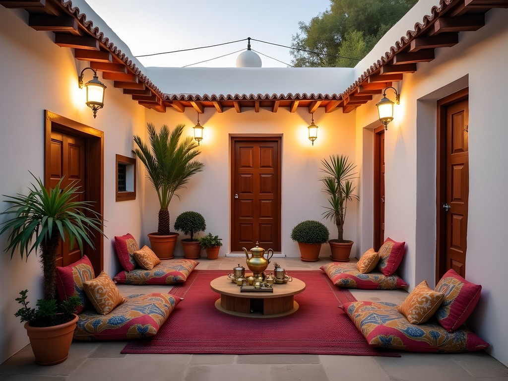 Traditional Mauritanian guesthouse courtyard with mint tea service and colorful cushions