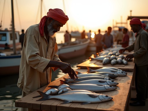 Early morning scene at Nouadhibou's fish market with fresh catch and local fishermen