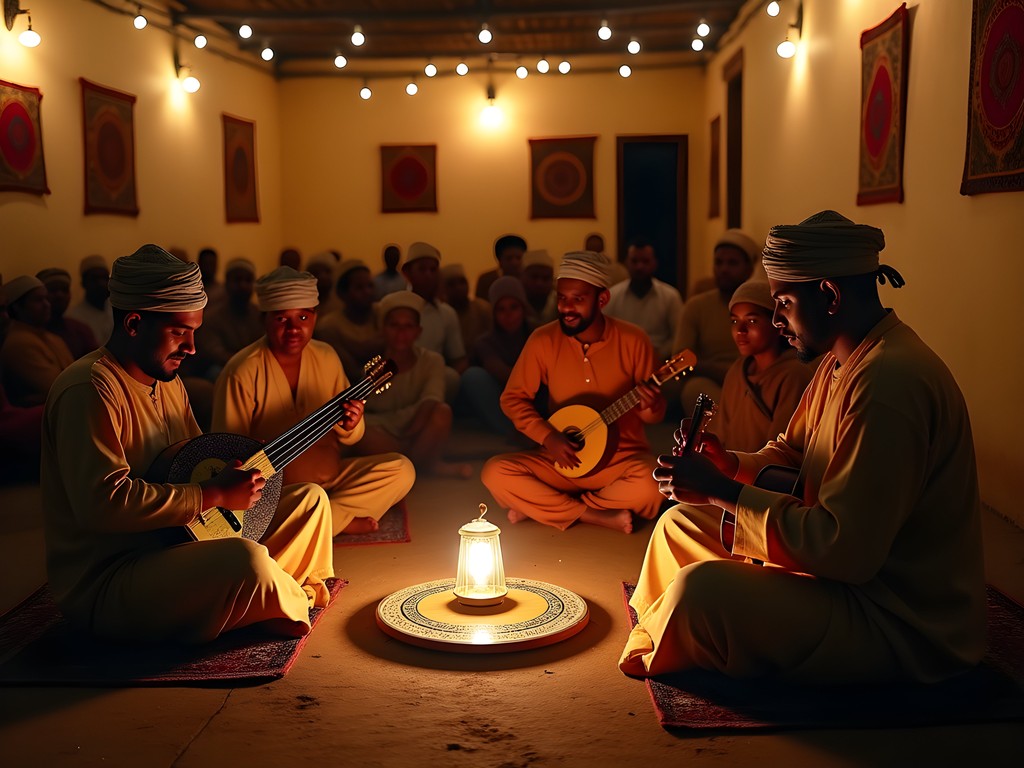 Traditional music gathering with local musicians playing instruments in Nouadhibou