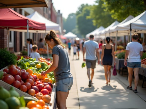 Vibrant local produce display at Oshkosh Farmers Market with families shopping