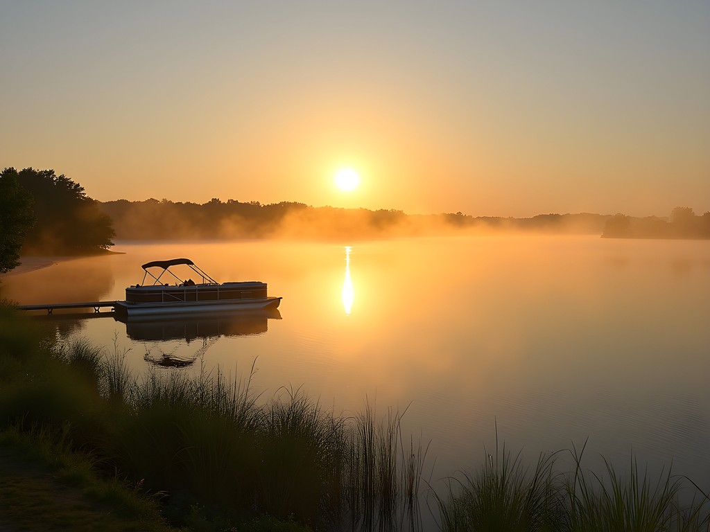 Sunrise over Lake Winnebago in Oshkosh with morning mist rising from the water