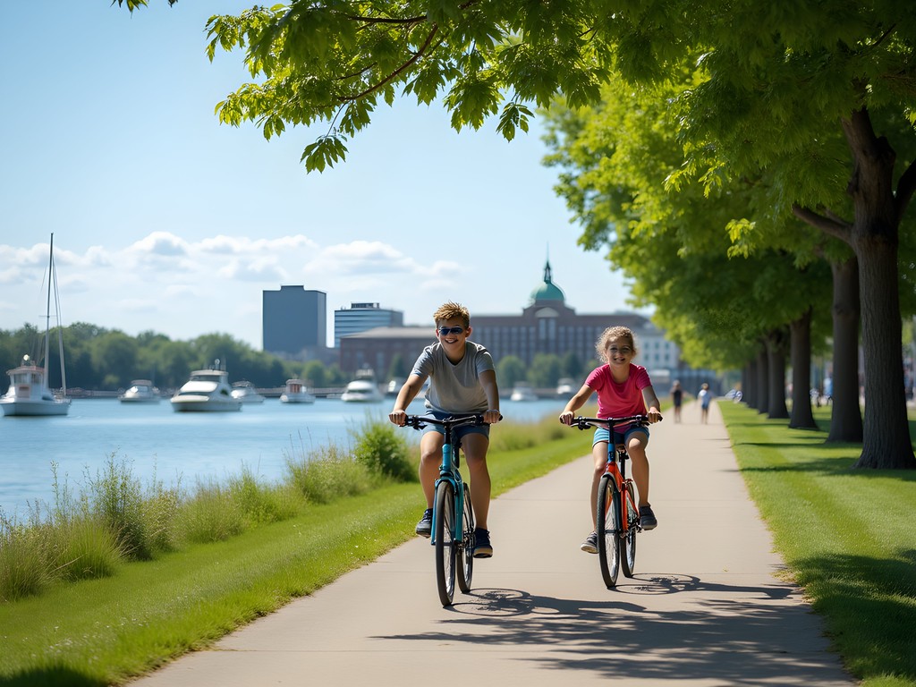 Family cycling on the Oshkosh Riverfront Trail with Fox River views