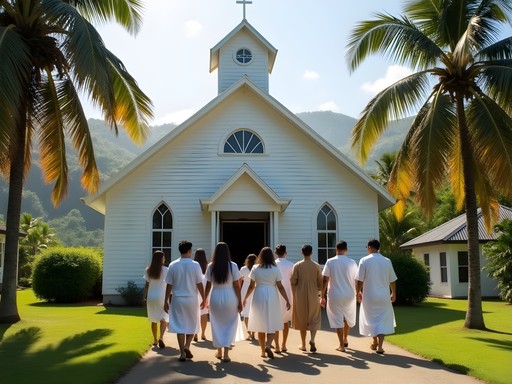 Sunday church service in Pangai with locals in traditional white clothing