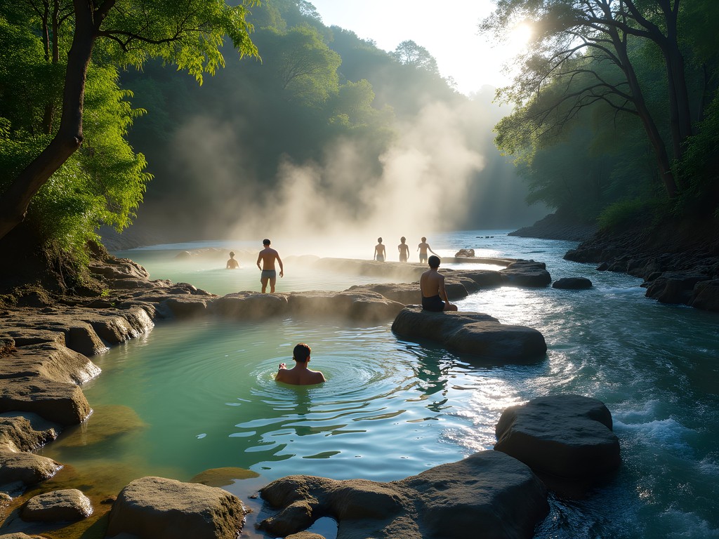 Natural hot springs at El Río Cuale with local families enjoying thermal pools