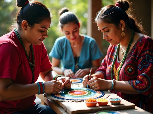 Huichol artist demonstrating traditional beadwork techniques to visiting family