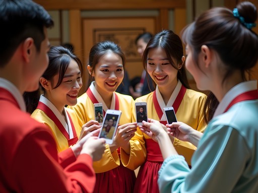 Traveler sharing instant photos with North Korean guides and performers after cultural show