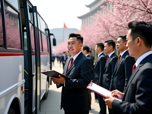 Tour group boarding bus for daily excursion in Pyongyang with guides checking attendance
