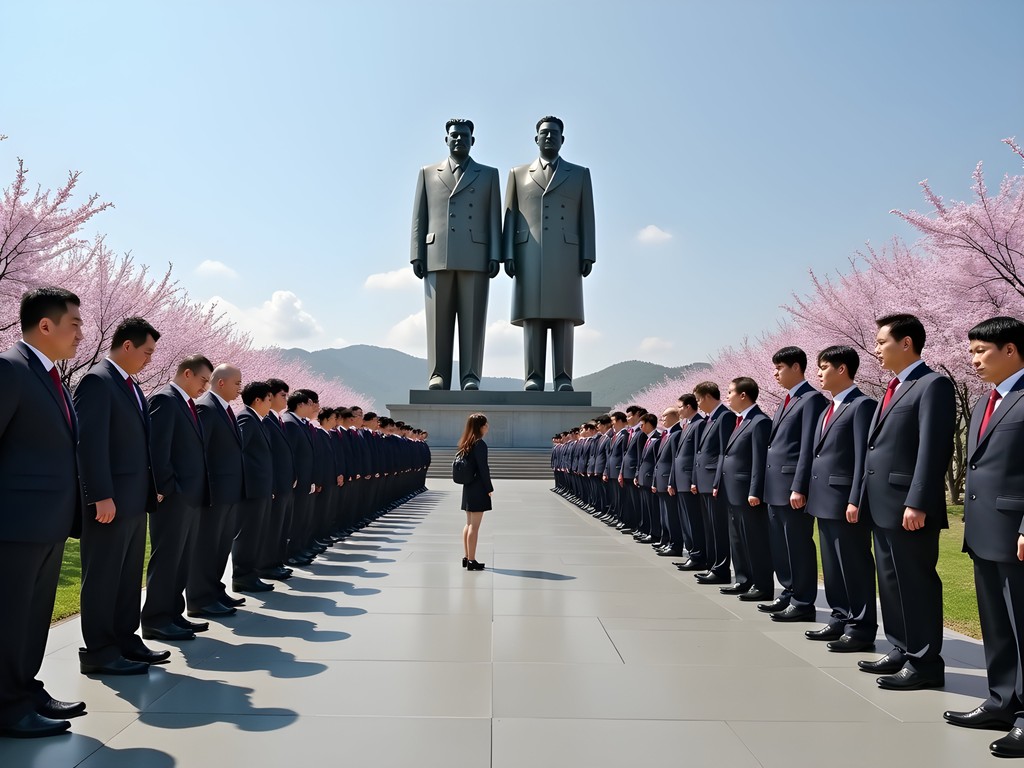 Visitors showing proper respect at the bronze statues at Mansu Hill in Pyongyang