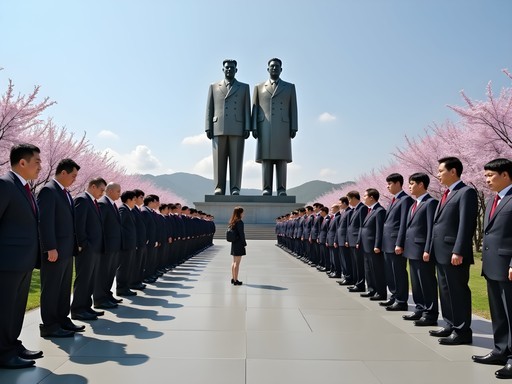 Visitors showing proper respect at the bronze statues at Mansu Hill in Pyongyang
