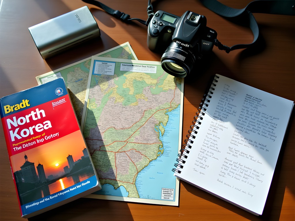 Travel preparation materials for North Korea visit including guidebooks, maps and approved tour documents