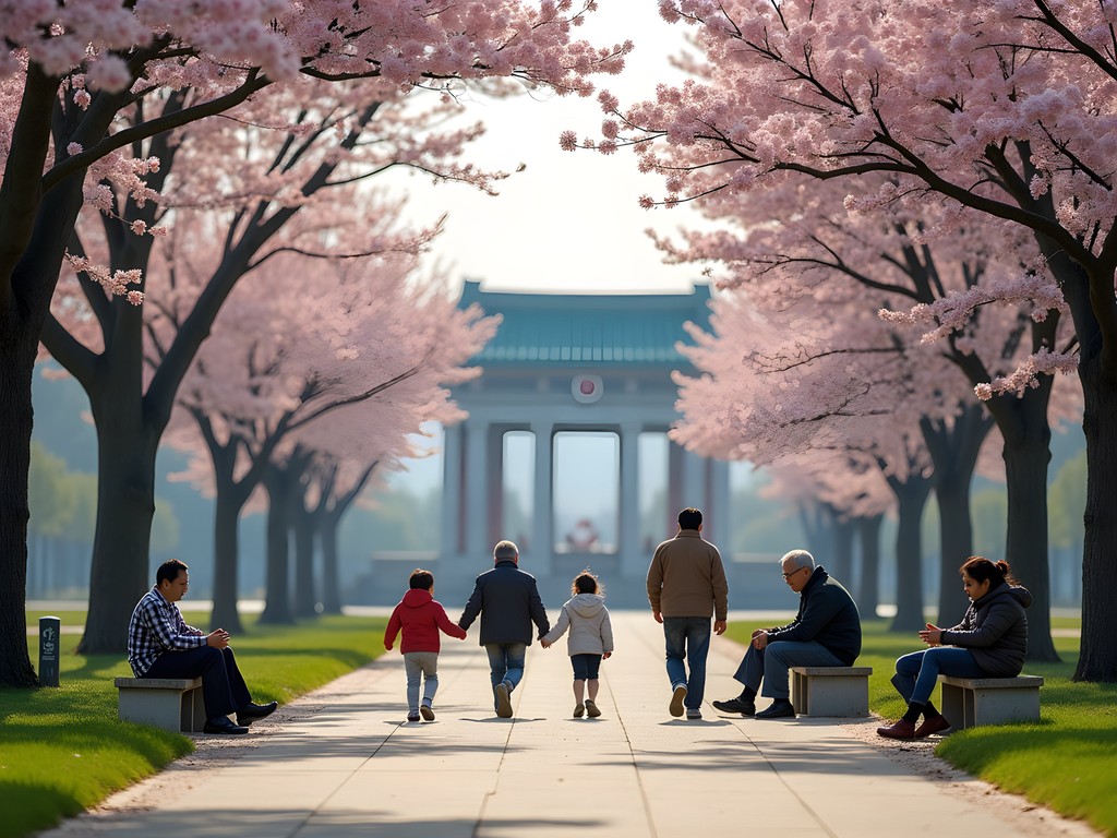 Ordinary citizens enjoying spring day in Pyongyang park with cherry blossoms