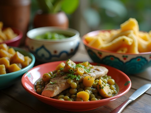 Traditional Saint Lucian Creole meal with green fig and saltfish at local Castries restaurant