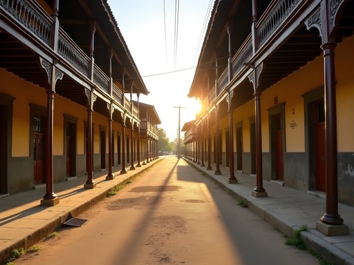 Colonial wooden buildings in Saint-Laurent-du-Maroni at golden hour