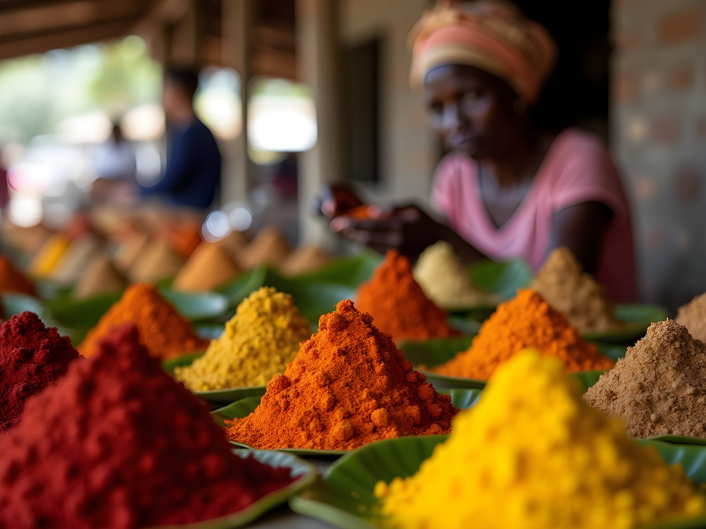Colorful spice pyramids at Saint-Laurent-du-Maroni market
