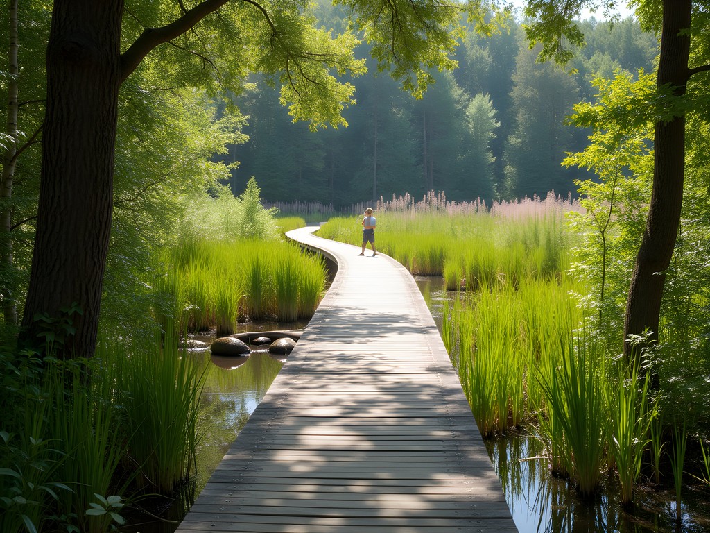 Wooden boardwalk through wetlands at Lost Corner Preserve in spring