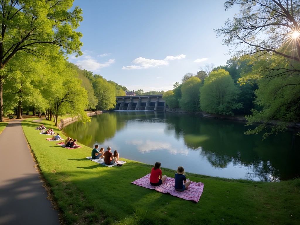 Morgan Falls Dam overlook with families enjoying picnic areas in Sandy Springs Georgia