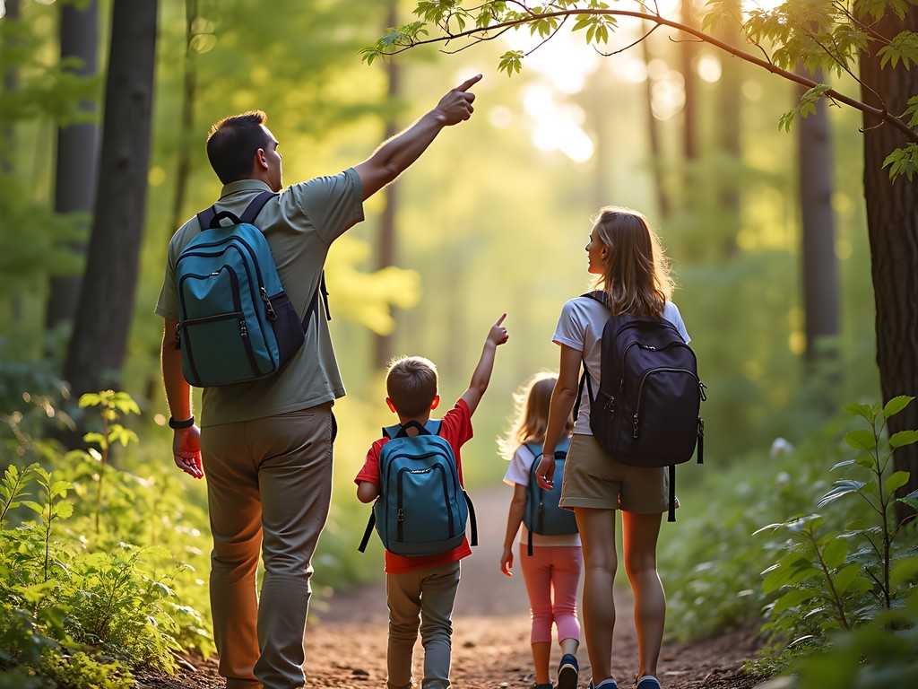 Family pausing on trail to observe nature in Sandy Springs park during spring