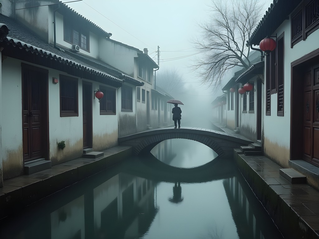 Atmospheric rainy scene of hidden canal in Shanghai's Hongkou District with traditional architecture