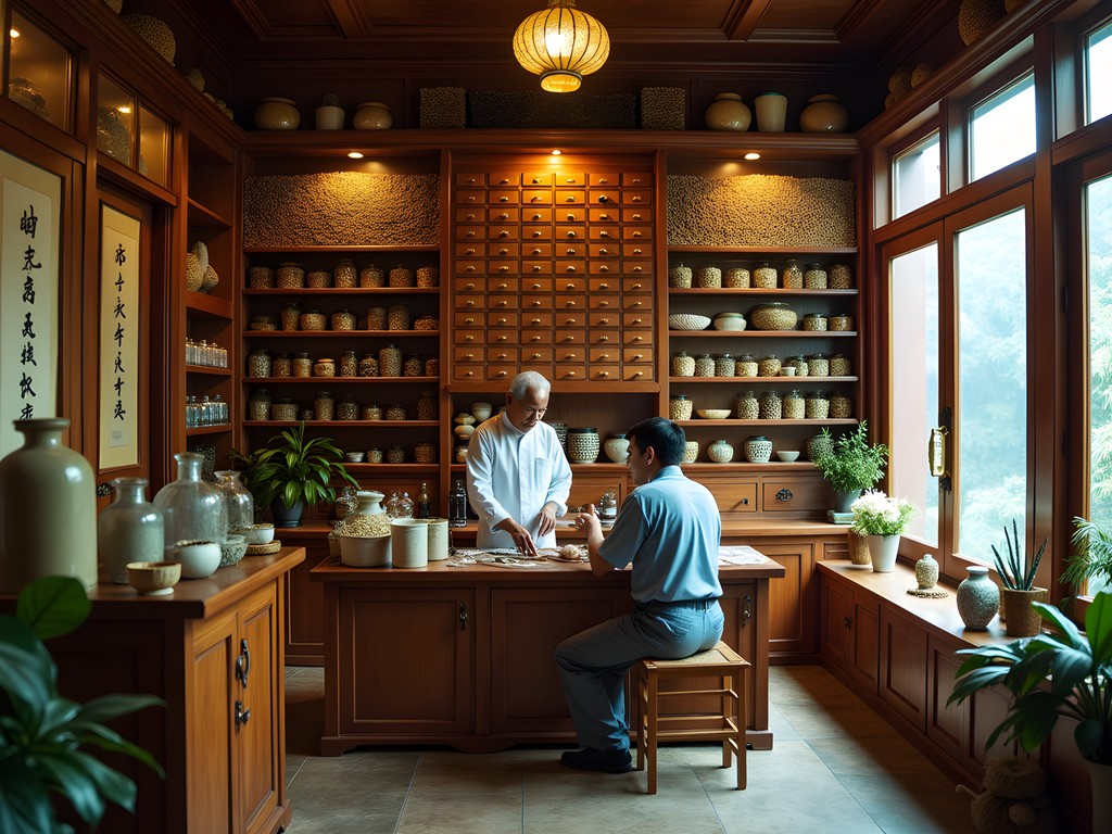 Interior of traditional Chinese medicine shop in Singapore with herb drawers and practitioner consulting patient