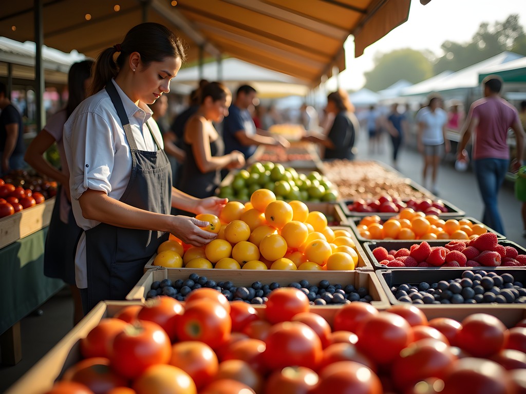 Vibrant morning scene at Downtown Stockton Farmers Market with colorful produce displays