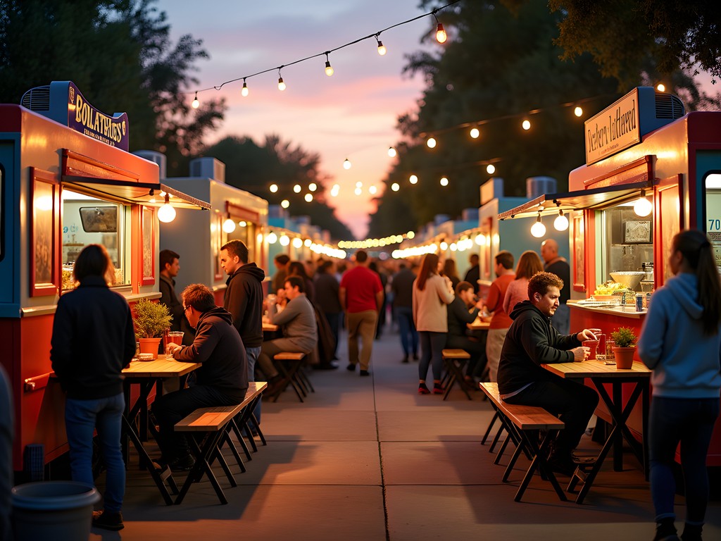 Vibrant food truck scene in Stockton at sunset with customers gathering
