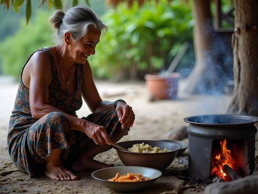 Local woman preparing traditional food using adapted methods in Kiribati