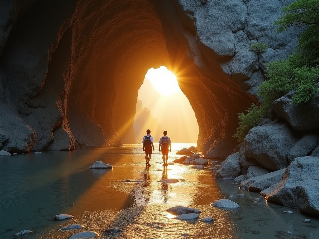 Golden sunset light filtering through marble tunnel in Taroko Gorge