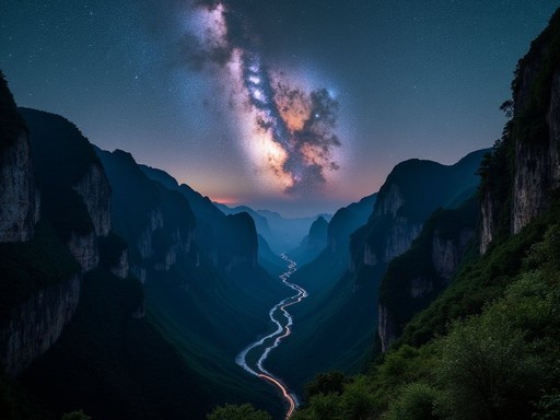 Milky Way galaxy visible over Taroko Gorge marble cliffs at night