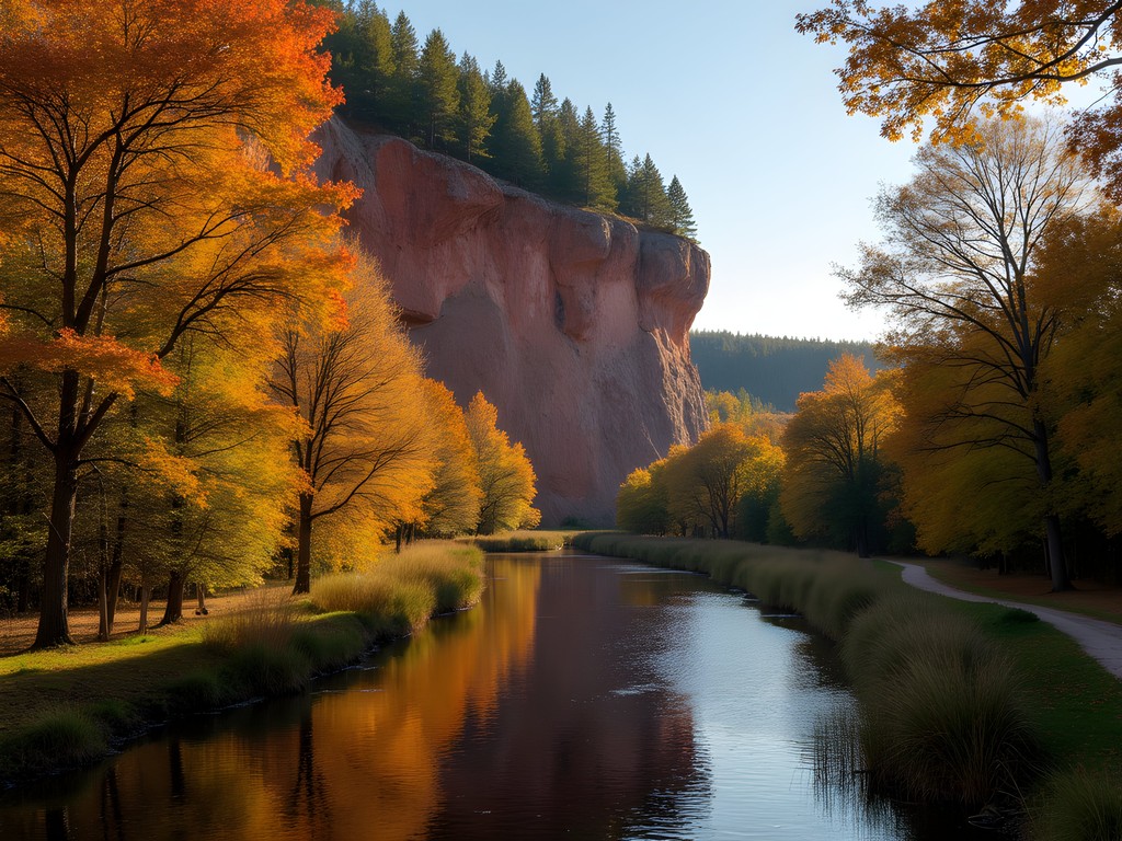 Red sandstone cliffs at Taevaskoja surrounded by autumn forest