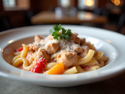 Chicken riggies pasta dish with peppers in cream sauce at Utica restaurant