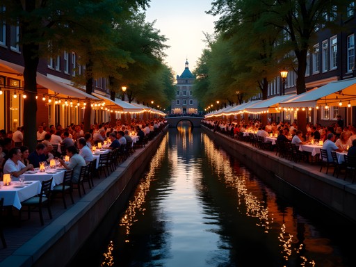 Evening canal-side dining in Utrecht with locals enjoying outdoor restaurants