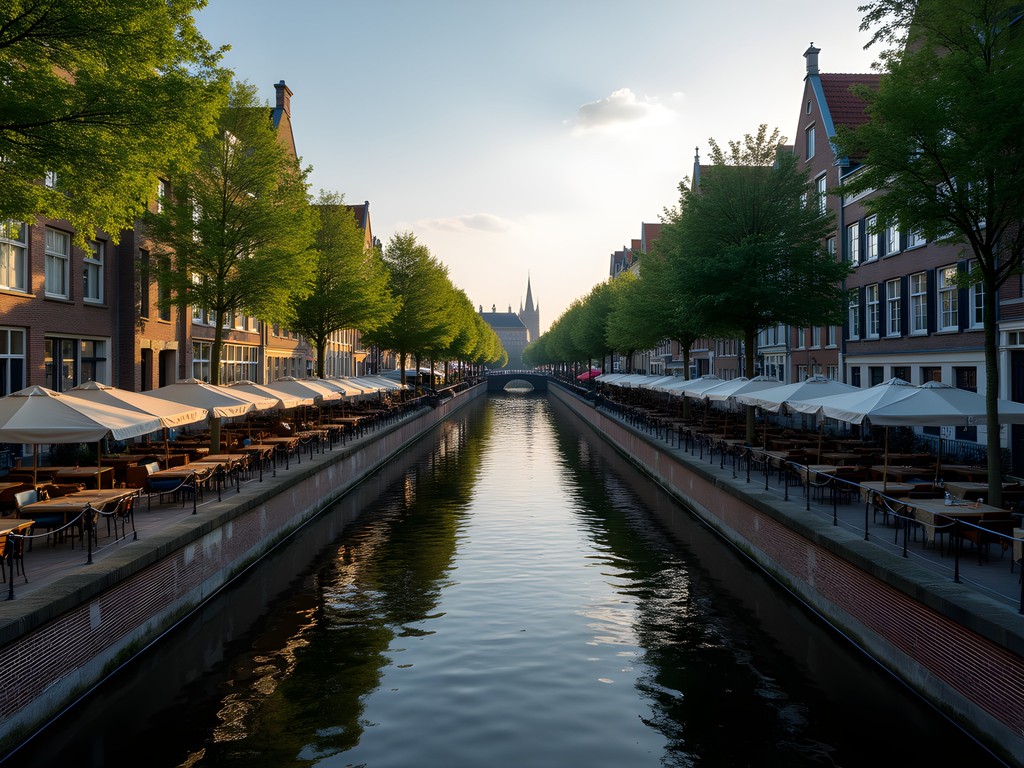 Wharf-level canal view in Utrecht with historic buildings and cafes